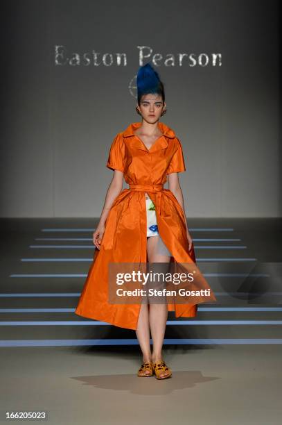 Model showcases designs on the runway at the Mercedes-Benz Presentes - Easton Pearson show during Mercedes-Benz Fashion Week Australia Spring/Summer...