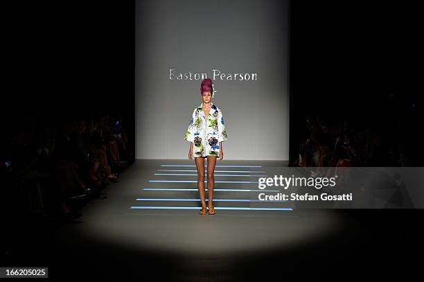 Model showcases designs on the runway at the Mercedes-Benz Presentes - Easton Pearson show during Mercedes-Benz Fashion Week Australia Spring/Summer...