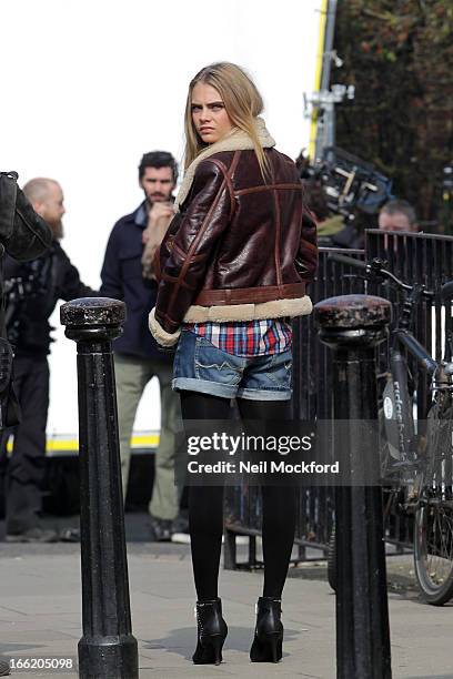 Cara Delevingne seen on a photoshoot on Portobello Road on April 10, 2013 in London, England.