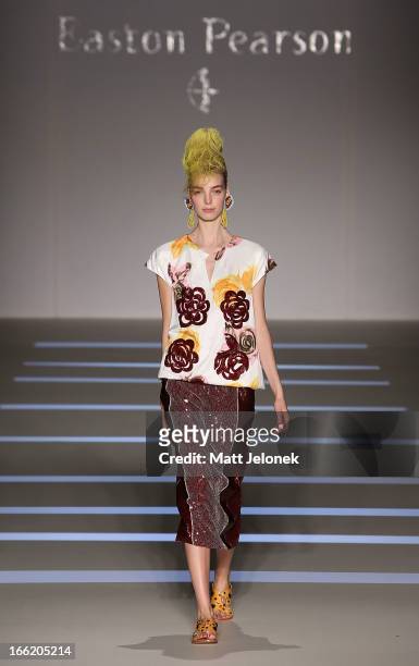Model showcases designs by Easton Pearson on the runway at the Mercedes-Benz Presentes - Easton Pearson show during Mercedes-Benz Fashion Week...