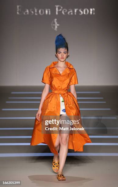 Model showcases designs by Easton Pearson on the runway at the Mercedes-Benz Presents - Easton Pearson show during Mercedes-Benz Fashion Week...