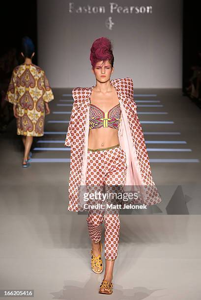 Model showcases designs by Easton Pearson on the runway at the Mercedes-Benz Presents - Easton Pearson show during Mercedes-Benz Fashion Week...