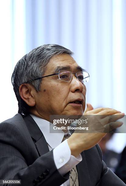 Haruhiko Kuroda, governor of the Bank of Japan , speaks during a group interview at the central bank's headquarters in Tokyo, Japan, on Wednesday,...