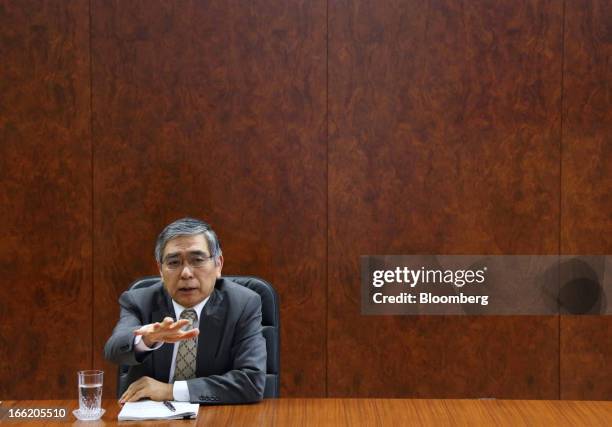 Haruhiko Kuroda, governor of the Bank of Japan , speaks during a group interview at the central bank's headquarters in Tokyo, Japan, on Wednesday,...