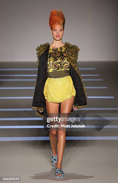 Model showcases designs by Easton Pearson on the runway at the Mercedes-Benz Presents - Easton Pearson show during Mercedes-Benz Fashion Week...