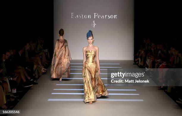 Model showcases designs by Easton Pearson on the runway at the Mercedes-Benz Presents - Easton Pearson show during Mercedes-Benz Fashion Week...