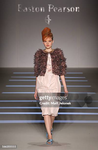 Model showcases designs by Easton Pearson on the runway at the Mercedes-Benz Presents - Easton Pearson show during Mercedes-Benz Fashion Week...