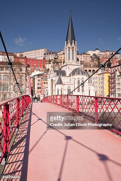 saint georges footbridge and church. - lyon france stock pictures, royalty-free photos & images