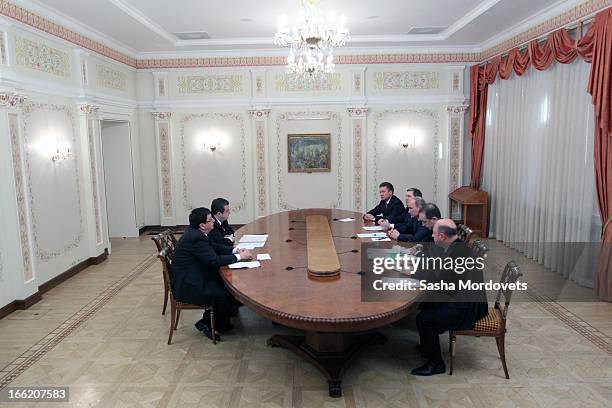 Russian President Vladimir Putin and Serbian Prime Minister Ivica Dacic during a meeting on April 10, 2013 in Moscow, Russia. The two leaders met to...