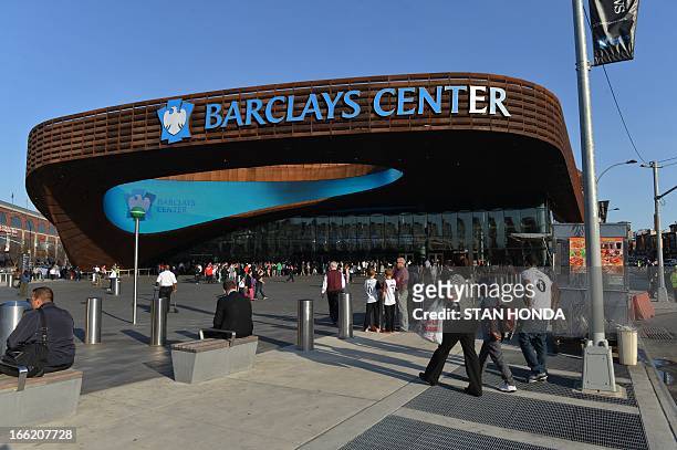 Exterior view of the Barclays Center before a Brooklyn Nets basketball game April 9, 2013 in the Brooklyn borough of New York. AFP PHOTO/Stan HONDA