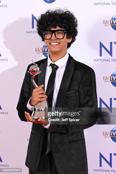 Moosa Mostafa, accepting the New Drama award on behalf of "Wednesday", poses in the National Television Awards 2023 Winners Room at The O2 Arena on...