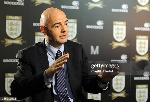 In this handout image provided by The FA, UEFA general secretary Gianni Infantino speaks to the media in the FA150 lounge during the Soccerex...