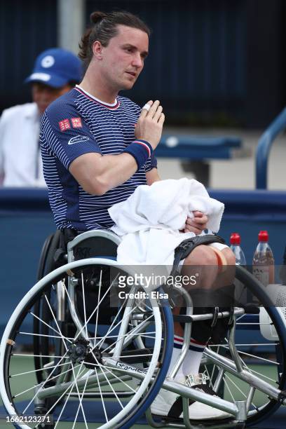 Gordon Reid of Great Britain looks on against AlexanderCataldo of Chile during their Men's Wheelchair Singles match on Day Nine of the 2023 US Open...