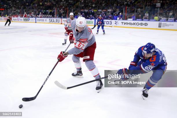 Spartak Hockey Club player, Michal Cajkovsky seen in action during the Kontinental Hockey League, regular season KHL 2023 - 2024 between SKA Saint...