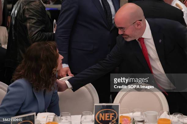 The Government delegate in Madrid, Francisco MartÌn greets Isabel DÌaz Ayuso, president of the Community of Madrid during the event at the Ritz hotel...