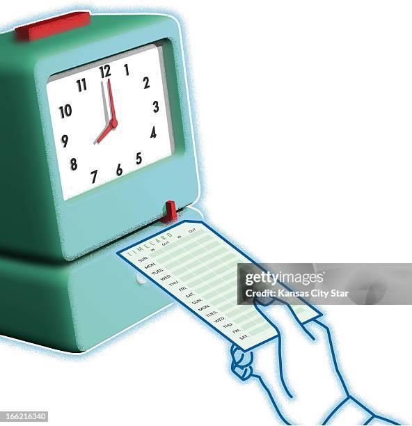 Col x 10 in / 246x254 mm / 837x864 pixels Gentry Mullen color illustration of hand holding timecard preparing to punch in the clock.