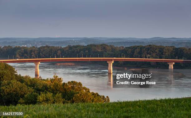 The State Highway 19 bridge over the Missouri River is viewed on August 28 in Hermann, Missouri. Settled by German immigrants in 1837, Hermann, a...