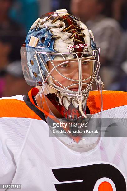 Goaltender Steve Mason of the Philadelphia Flyers looks on during third period action against the Winnipeg Jets at the MTS Centre on April 6, 2013 in...