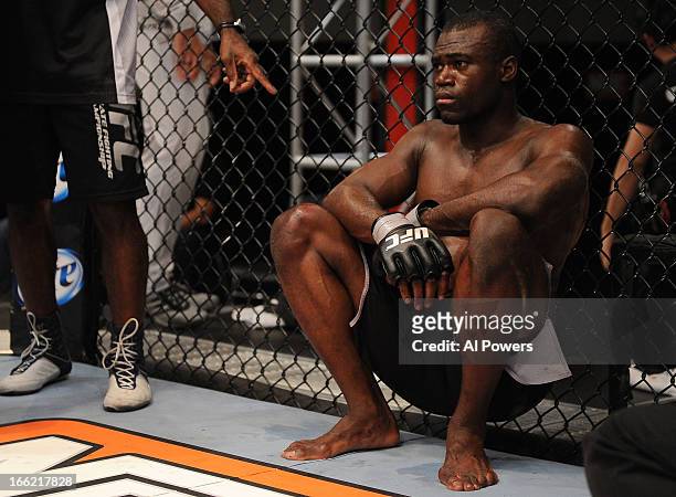 Uriah Hall reacts after defeating Dylan Andrews in their semifinal fight during filming for season seventeen of The Ultimate Fighter at the UFC...