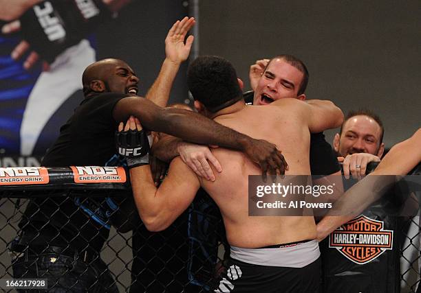 Kelvin Gastelum reacts after his submission victory over Josh Samman in their semifinal fight during filming for season seventeen of The Ultimate...