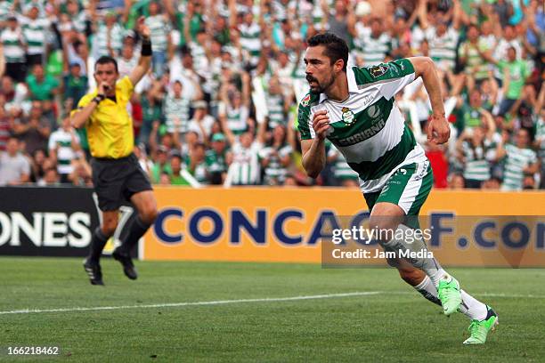 Hercules Gomez of Santos celebrates a goal against Seattle Sounders during the CONCACAF Champions League 2013 at Corona Stadium on April 09, 2013 in...