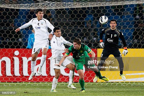 Egor Krimets of Beijing Guoan competes for an aerial ball with Dilshod Juraev and Akmal Shorakhmedov of Bunyodkor during the AFC Champions League...