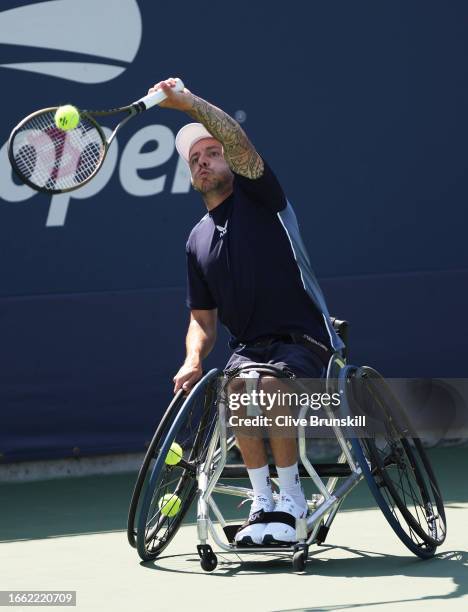 Andy Lapthorne of Great Britain returns a shot during his wheelchair quad Men's Singles match on Day Nine of the 2023 US Open at the USTA Billie Jean...