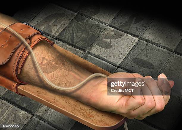 Lee Hulteng color Illustration of man's forearm strapped to execution table with shadow of scales of justice in background.