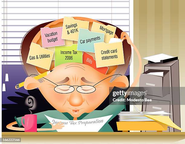 Laurie McAdam color illustration of a man preparing his income tax return with a lot of things on his brain , such as his 401K, car payments,...