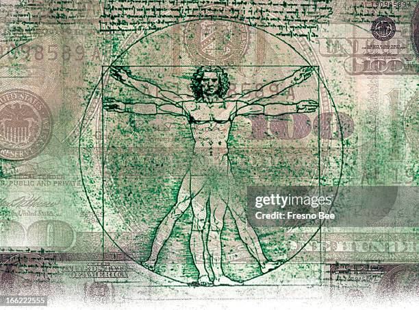 Parra color illustration of Da Vinci's Vitruvian Man over U.S. Currency.