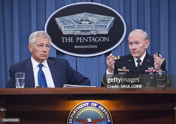 Secretary of Defense Chuck Hagel and Chairman of the Joint Chiefs Martin Dempsey hold a press briefing on the Pentagon's Fiscal Year 2014 budget at...