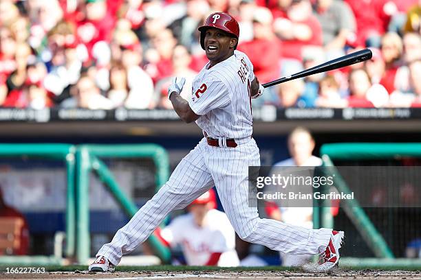 Ben Revere of the Philadelphia Phillies looks on after swinging at a pitch during the Home Opener against against the Kansas City Royals at Citizens...