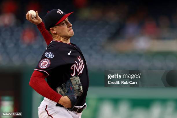 Patrick Corbin of the Washington Nationals pitches to a New York Mets batter in the second inning at Nationals Park on September 05, 2023 in...
