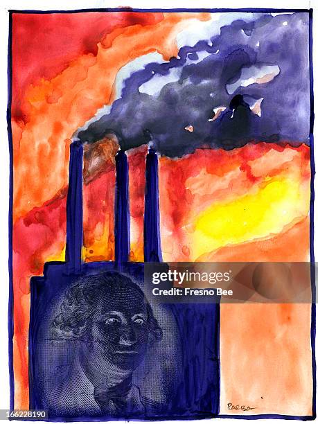 Parra color illustration of American factory with chimneys spewing black smoke.