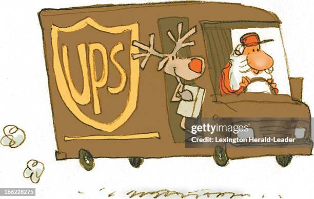 Chris Ware color illustration of Santa and reindeer delivering packages from UPS truck. For counting down the days til Christmas; Day 6.