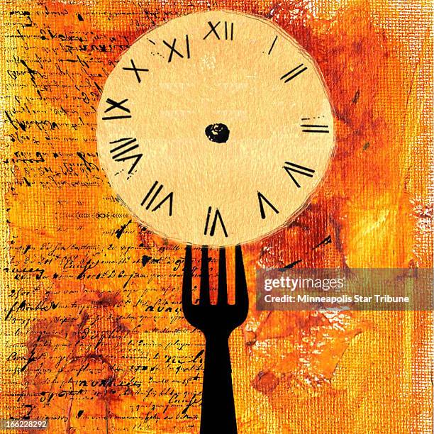 Laurie Harker color illustration of clockface with roman numerals set on fork with antique script in background.