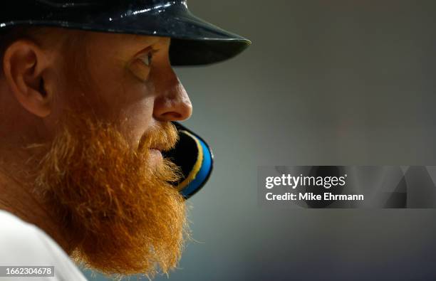 Justin Turner of the Boston Red Sox looks on during a game against the Boston Red Sox at Tropicana Field on September 05, 2023 in St Petersburg,...