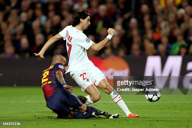 Daniel Alves of Barcelona fails to stop Javier Pastore of PSG score the first goal during the UEFA Champions League quarter-final second leg match...