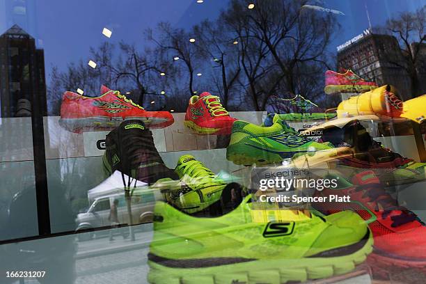 Shoes are displayed in the window of a Skechers store on April 10, 2013 in New York City. The California-based footwear maker Skechers and...