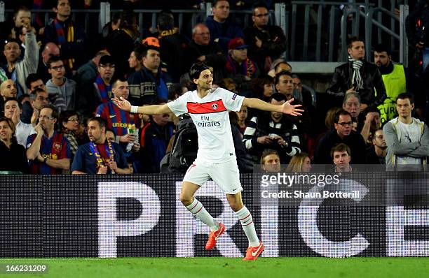 Javier Pastore of PSG celebrates scoring the first goal during the UEFA Champions League quarter-final second leg match between Barcelona and Paris...