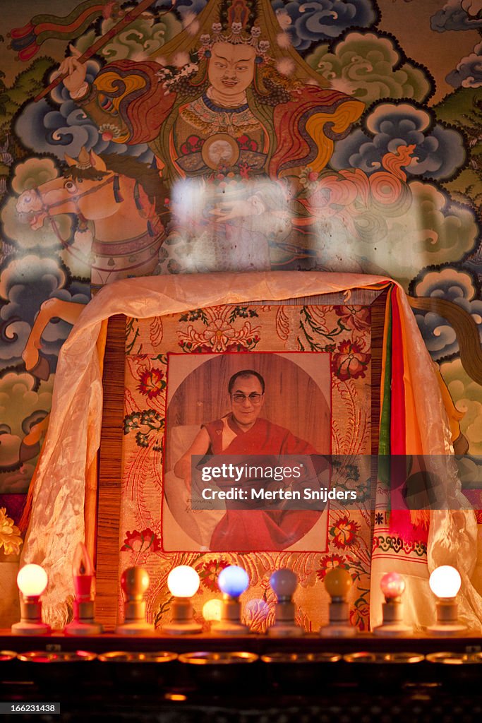 Portrait of the Dalai Lama inside temple