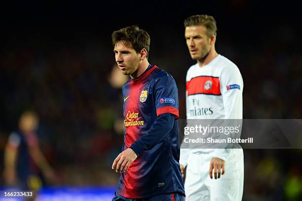 Lionel Messi of Barcelona and David Beckham of PSG in action during the UEFA Champions League quarter-final second leg match between Barcelona and...