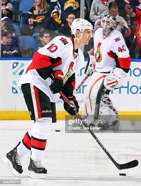 Mike Lundin of the Ottawa Senators warms up before playing the Buffalo Sabres on April 05, 2013 at the First Niagara Center in Buffalo, New York.