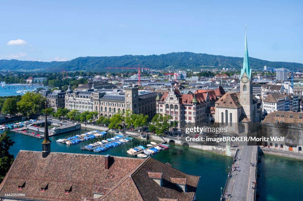 Fraumuenster, city view with Limmat, city centre, Zurich, Switzerland