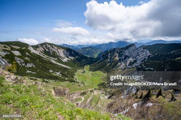 view into the grosstiefental from the summit of the rotwand, with rocky peaks of the ruchenkoepfe, mangfall mountains, bavaria, germany - rotwand mountain stock pictures, royalty-free photos & images