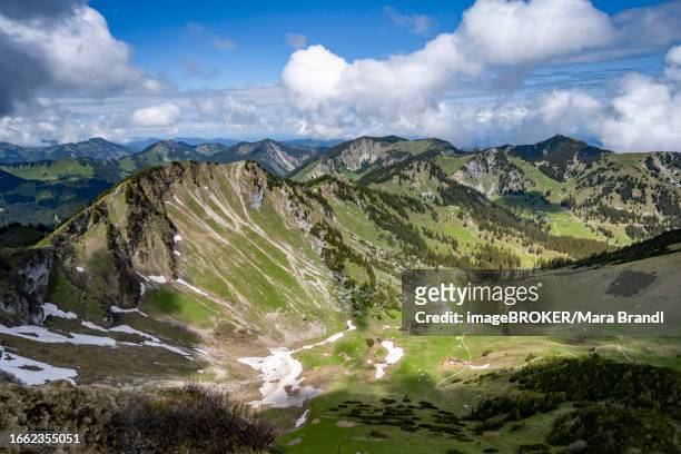 view into the grosstiefental valley from the summit of the rotwand, mangfall mountains, bavaria, germany - rotwand mountain stock pictures, royalty-free photos & images