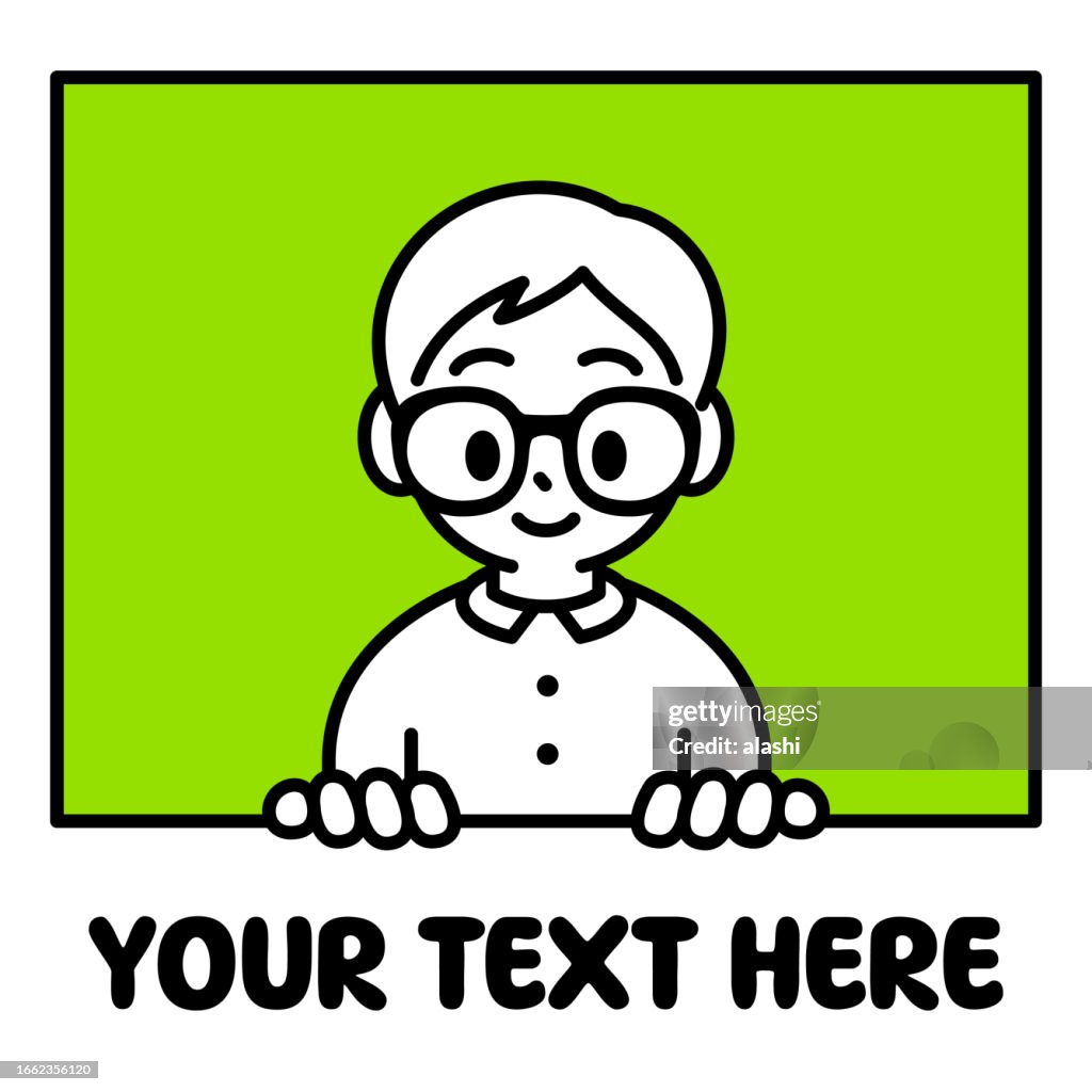 A studious boy with Horn-rimmed glasses looks down from the window, popping out from a blank banner, behind a wall, minimalist style, black and white outline