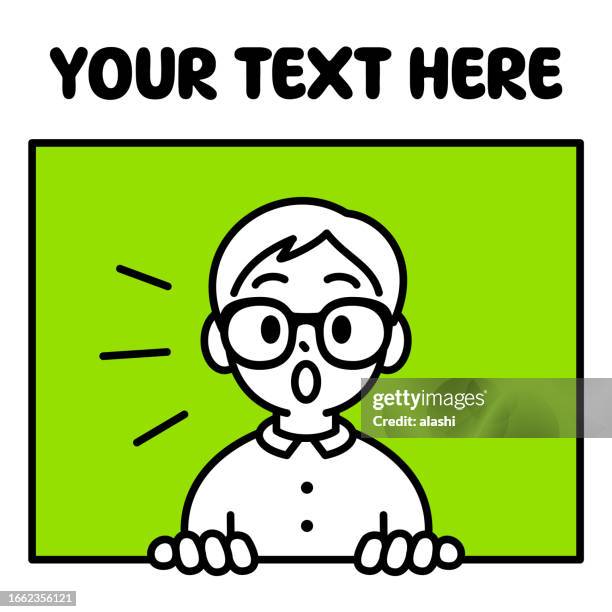 stockillustraties, clipart, cartoons en iconen met a studious boy with horn-rimmed glasses looks out of a window at the viewer, popping out from a blank banner, behind a wall, minimalist style, black and white outline - naughty in class