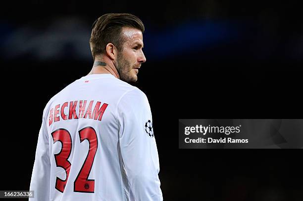 David Beckham of PSG looks on during the UEFA Champions League quarter-final second leg match between Barcelona and Paris St Germain at Nou Camp on...