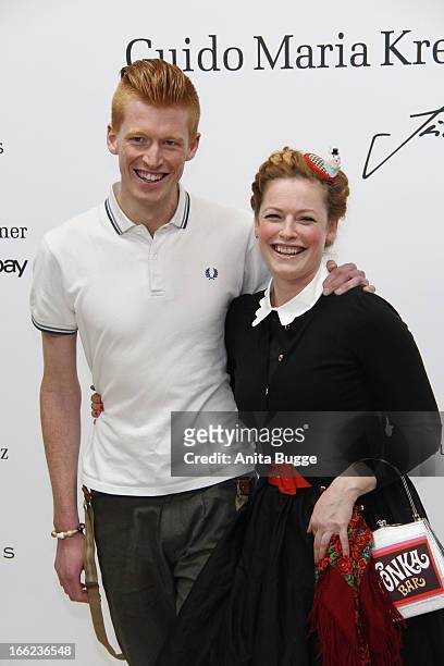 Enie van de Meiklokjes and Tobias Staerbo attend the Guido Maria Kretschmer For eBay Collection Launch at Label 2 on April 10, 2013 in Berlin,...